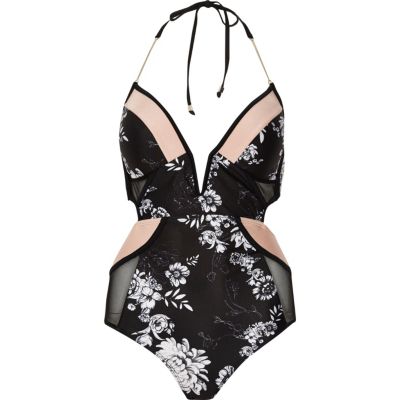 Black floral print plunge swimsuit